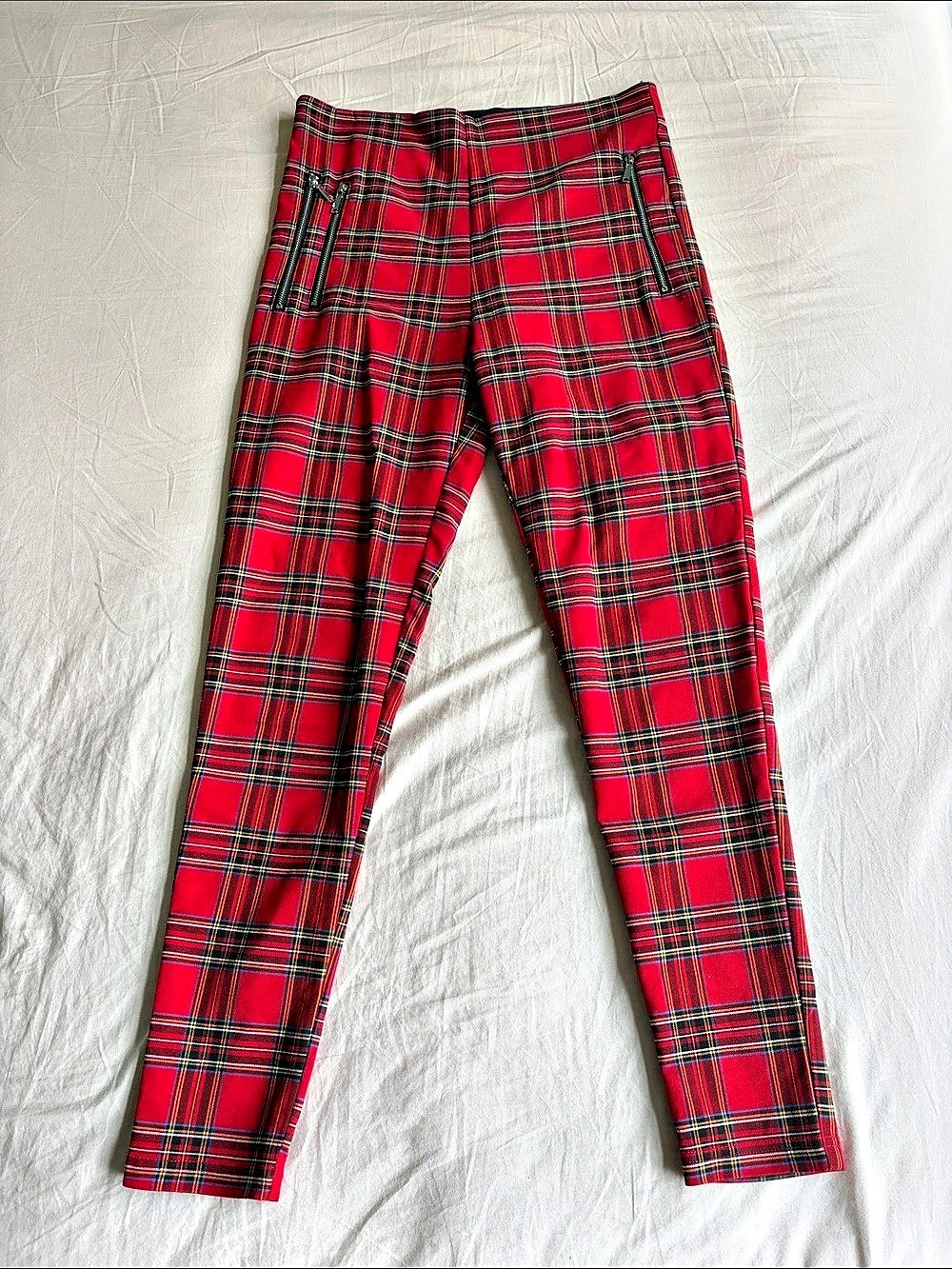 Zara Plaid Trousers in Red & Black with Zipper Pocket Detail